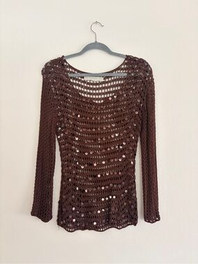 Vintage Robbie Bee Brown Crochet Sequined Long-Sleeve Top